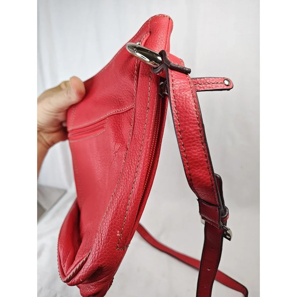 Tignanello Red Pebbled Leather Organizer Crossbody Shoulder Bag Silver Hardware